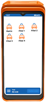 Smartphone com capa laranja exibindo uma tela com seis ícones de carro rotulados como Filial 1’, Filial 2’, Filial 3’.